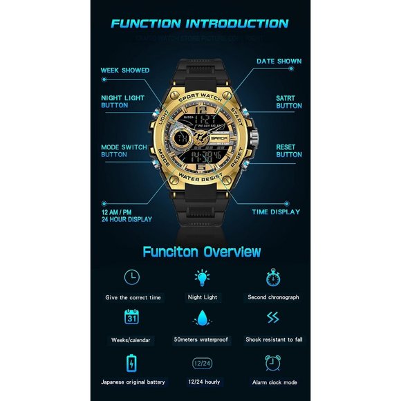 KXAITO Men's Black and Golden LED Alarm Stopwatch Waterproof Military Watch - Picture 6 of 6